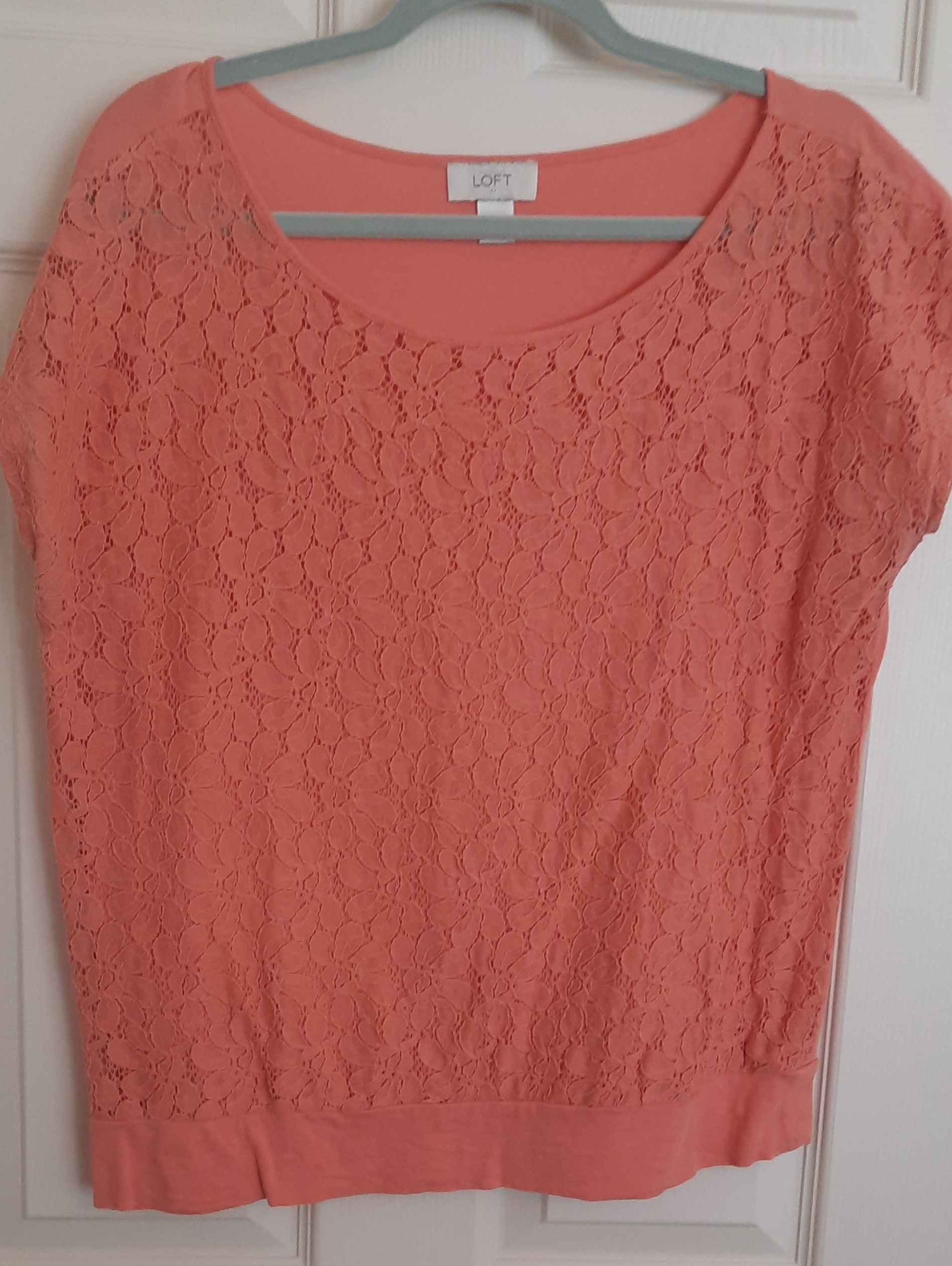 Loft Coral Lace-Front Short Sleeve Blouse